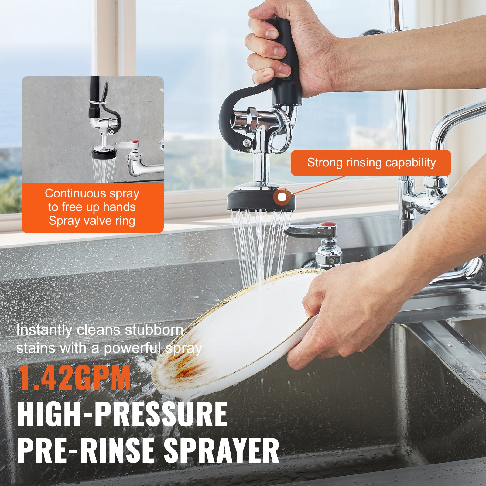 Commercial Kitchen Sink Faucet With Pull Down Pre-rinse Sprayer_voghion.com